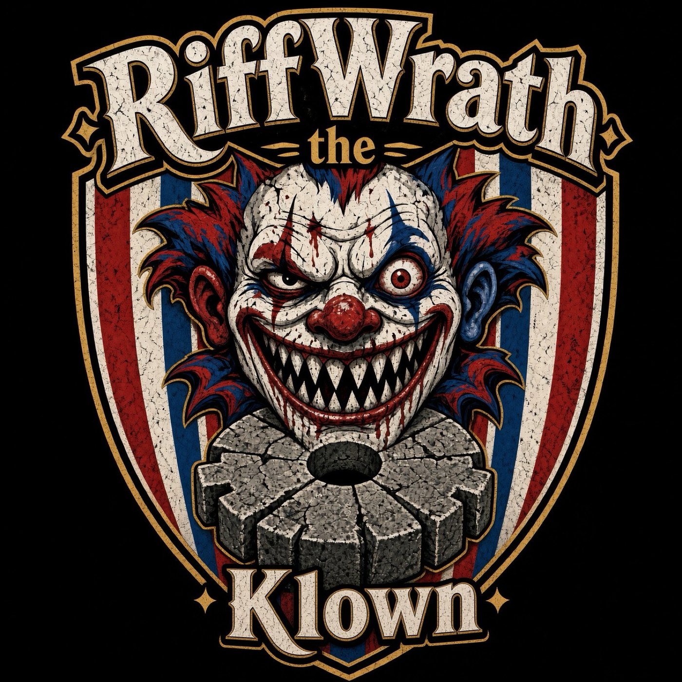 RiffWrath the Klown shield logo: circus-striped crest, millstone, and clown face